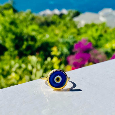 Evil Eye Blue Circle Glass Gold Plated Silver Adjustable Ring
