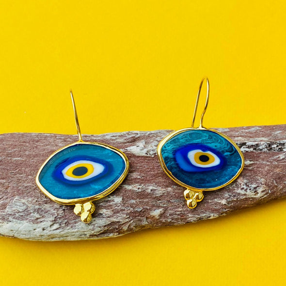 Evil Eye Glass Gold Plated Silver Dangle Earrings