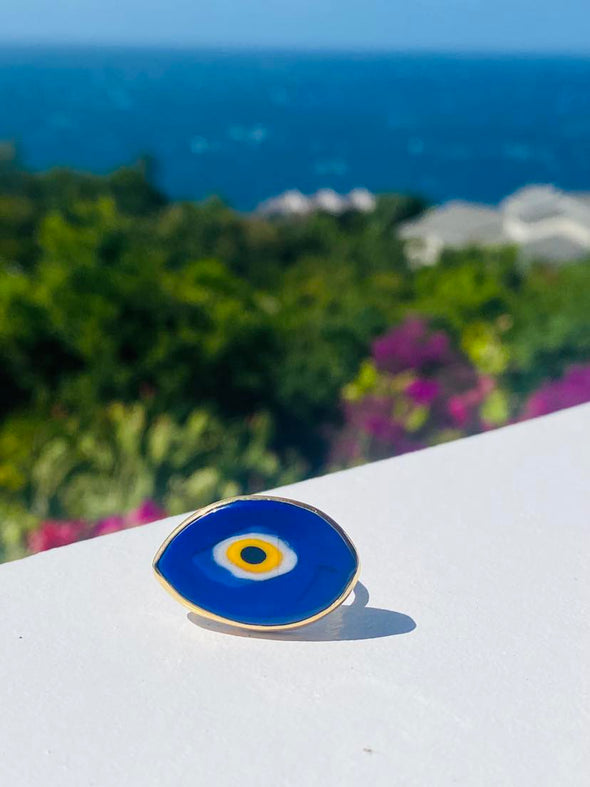 Evil Eye Glass Gold Plated Silver Adjustable Ring