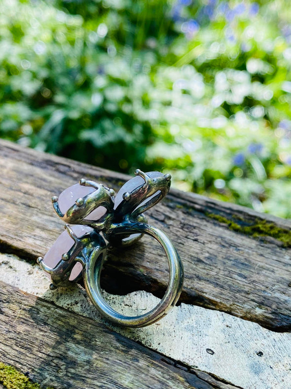 Four Clover Rose Quartz Silver Adjustable Ring backside