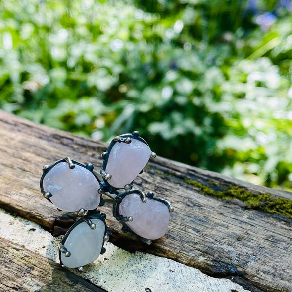 Four Clover Rose Quartz Silver Adjustable Ring