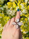 Four Clover Rose Quartz Silver Adjustable Ring on hand