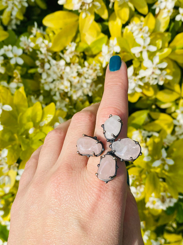 Four Clover Rose Quartz Silver Adjustable Ring on hand