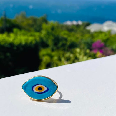 Light blue evil eye glass ring 