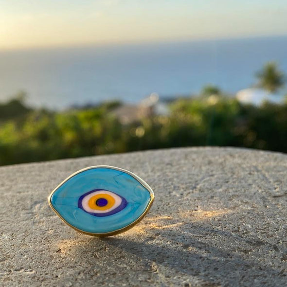 light blue evil eye glass ring