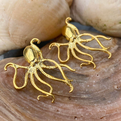 Over Dramatic Genius Octopus Silver Gold Plated Stud Earrings