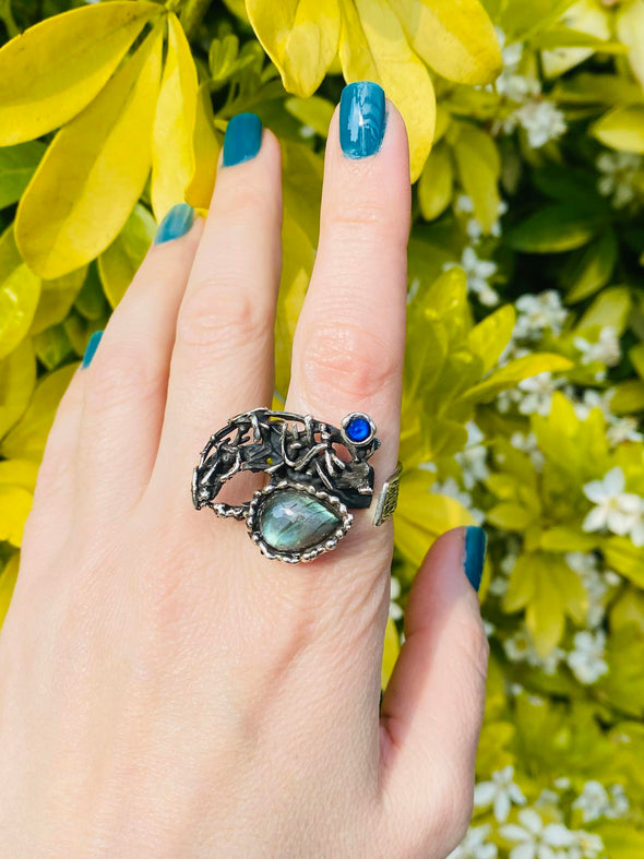 Third Eye Opener Labradorite Silver Adjustable Ring on hand