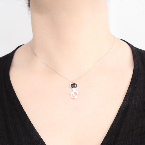 Black and White Purr Meow Silver Cat Necklace-1