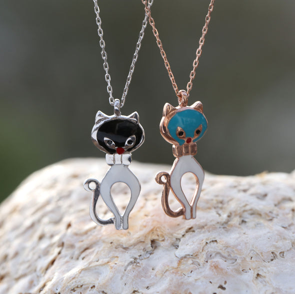 Black and White Purr Meow Silver Cat Necklace-2