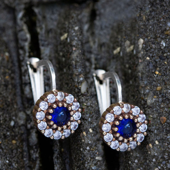 Blue Flower Lover Crystal Cluster Silver Dangly Earrings 2