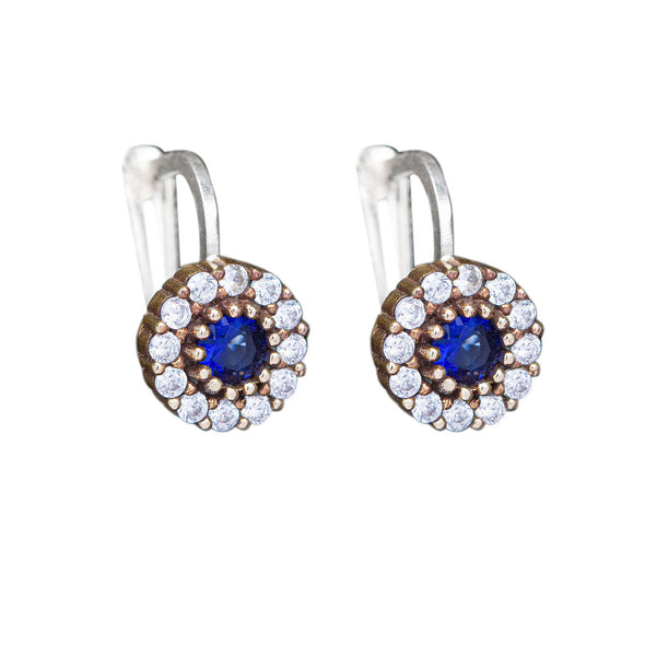 Blue Flower Lover Crystal Cluster Silver Dangly Earrings