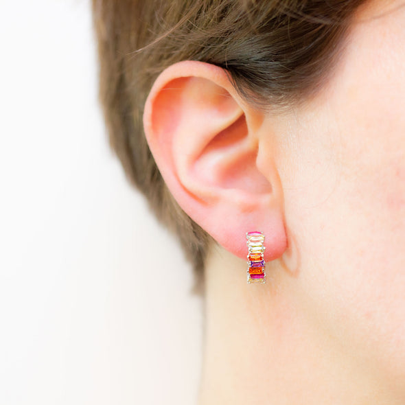 Colourful Dream Catcher Silver Crystal Hoop Earrings-Model