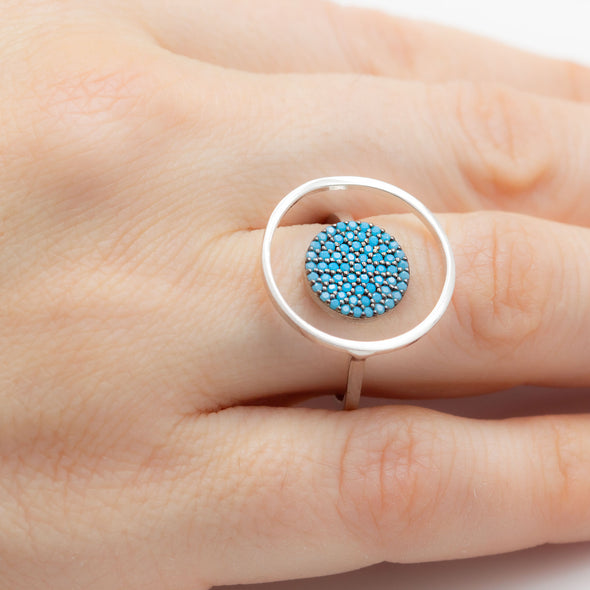 Energy Recharging Turquoise Circle Adjustable Silver Ring