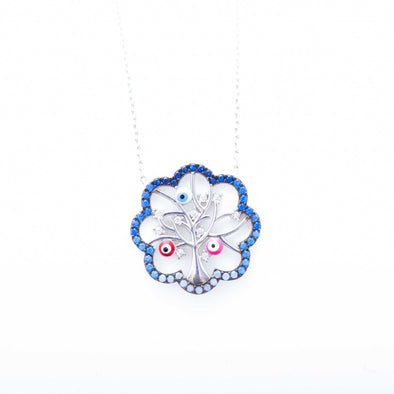 Evil Eye Blue Tree Silver Necklace