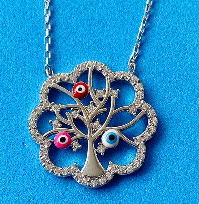 Evil Eye Tree Silver Necklace
