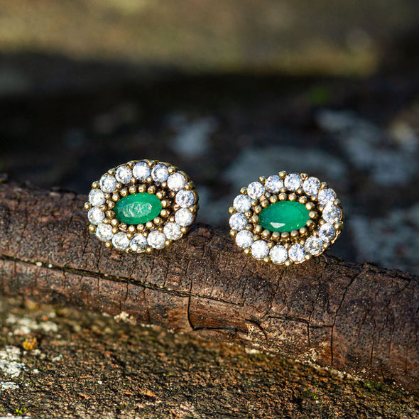 Harmonious Green Oval Cut Crystal Halo Silver Stud Earrings-2