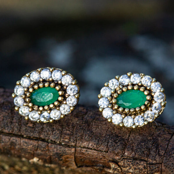 Harmonious Green Oval Cut Crystal Halo Silver Stud Earrings-3