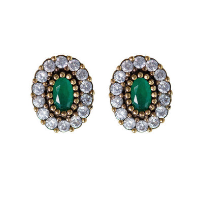 Harmonious Green Oval Cut Crystal Halo Silver Stud Earrings