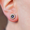 Heavenly Blue Morning Glory Crystal Halo Silver Stud Earrings-model