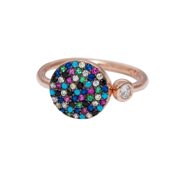 Uplifting Rainbow Crystal Circle Rose Gold Plated Silver Adjustable Ring