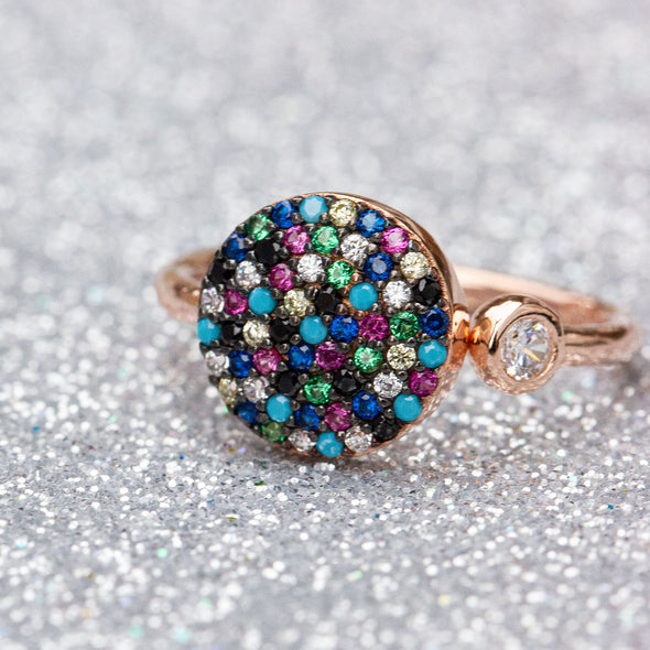 Uplifting Rainbow Crystal Circle Rose Gold Plated Silver Adjustable Ring
