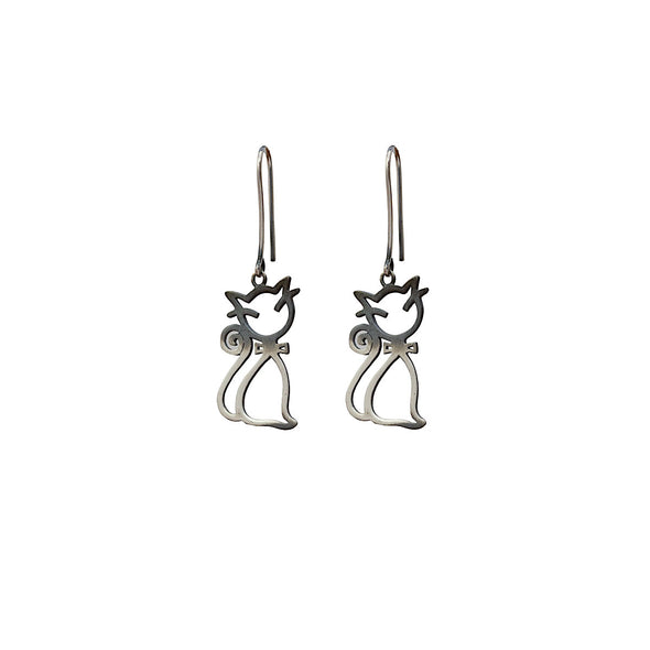 smelly-sleepy-swinging-cat-silver-dangly-earrings