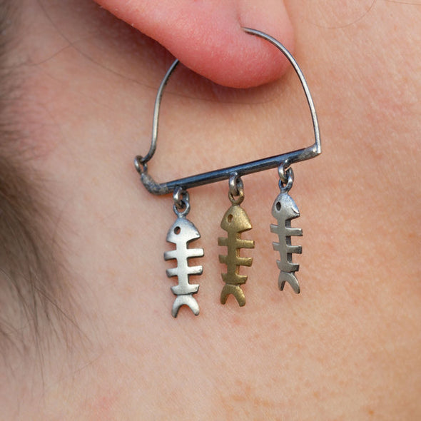 Swim Against the Current Fish Silver Hoop Earrings-model